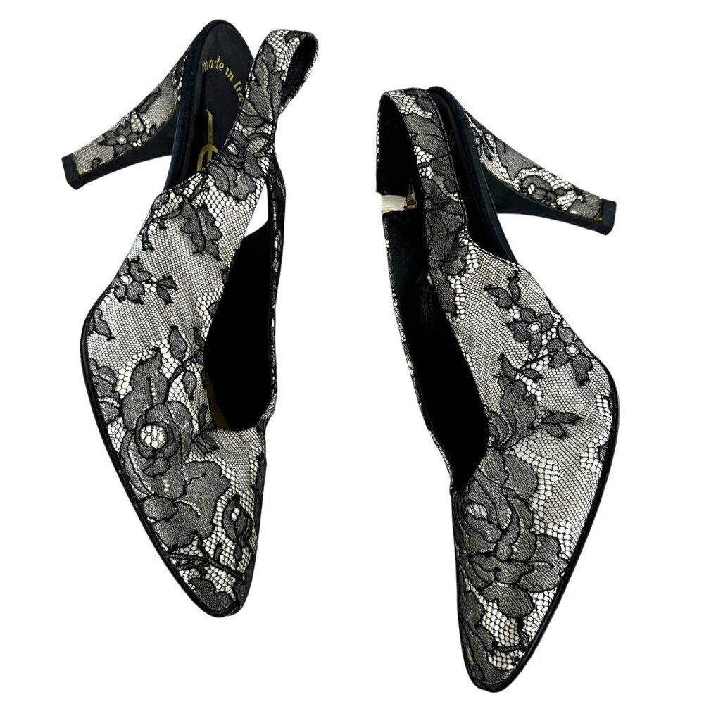 Vintage YSL Black Lace Slingback Pumps Size 7.5 Yves St Laurent - Picture 4 of 12